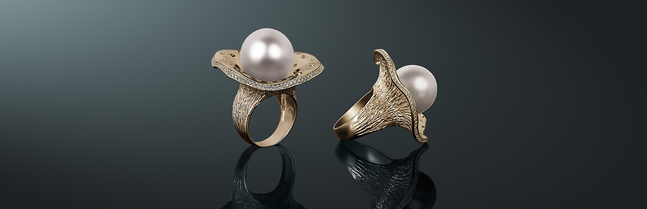 Кольцо из коллекции MAYSAKU: жемчуг Южных морей, золото 585˚, бриллианты, государственное пробирное клеймо. кп-12жб