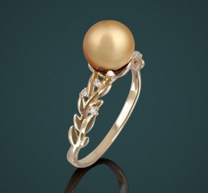 Золотое кольцо с жемчугом AKOYA бриллианты к-110627жз: золотистый морской жемчуг, золото 585°